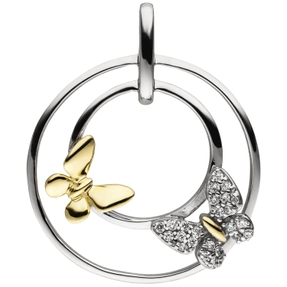 Anhänger 2 Schmetterlinge auf 2 Kreisen mit 24 Zirkonia 925 Silber teilvergoldet