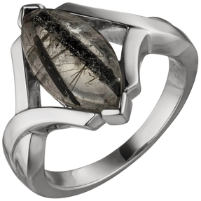 Ring Damenring mit Turmalinquarz grau-schwarz spitzoval 17,6mm 925 Silber Damen