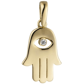 Anhänger magisches Symbol Hand der Fatima mit Auge Zirkonia 333 Gold Gelbgold