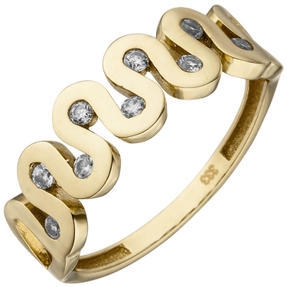 Ring Damenring mit Wellen 9 Zirkonia 333 Gold Gelbgold Fingerring 7mm breit