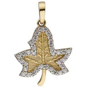 Anhänger Blatt mit 35 Zirkonia weiß 333 Gold Gelbgold 15,4x13,2mm Halsschmuck