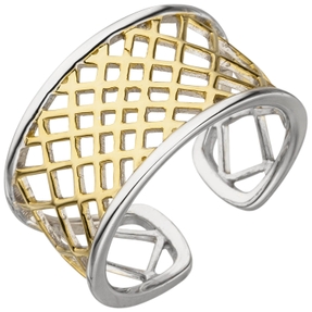Offener Ring Damenring aus 925 Silber bicolor vergoldet mit Netz-Muster B:11,7mm