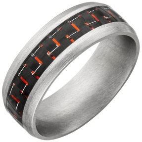 Herren Ring 8mm breit Edelstahl mattiert mit Carbon-Einlagen & roten Effekten Herren Ring 8mm breit Edelstahl mattiert mit Carbon-Einlagen & roten Effekten