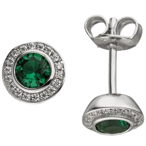 Ohrstecker mit 2 Zirkonia grün & 36 Zirkonia weiß rund 925 Silber Ohrschmuck