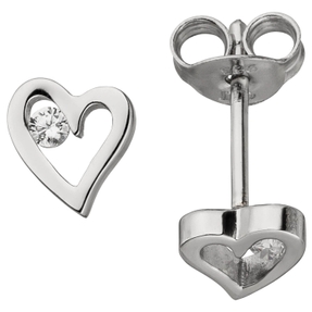 Ohrstecker Herzen mit 2 Zirkonia weiß 925 Silber rhodiniert Ohrschmuck Damen Ohrstecker Herzen mit 2 Zirkonia weiß 925 Silber rhodiniert Ohrschmuck Damen