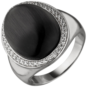 Ring Damenring mit Mondstein-Imitation schwarz mit Wölbung 38 Zirkonia 925 Silber