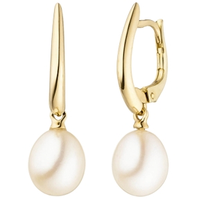 Ohrhänger mit Süßwasser-Perlen 585 Gold Gelbgold Ohrringe Boutons 24,5x7,5mm Ohrhänger mit Süßwasser-Perlen 585 Gold Gelbgold Ohrringe Boutons 24,5x7,5mm