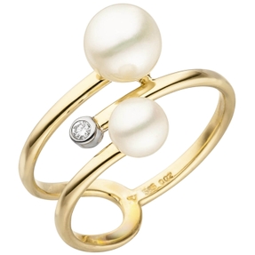 Ring mit 2 Süßwasser Perlen creme-weiß & Brillant 0,02 Ct. 585 Gold Gelbgold