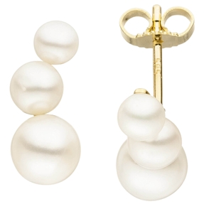 Ohrstecker mit 6 Süßwasser Perlen creme-weiß 585 Gold Gelbgold Ohrringe 17x6,7mm