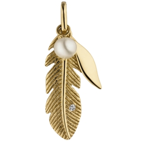 Anhänger Feder mit Süßwasserperle & Diamant Brillant 585 Gold Gelbgold 25,5x7mm