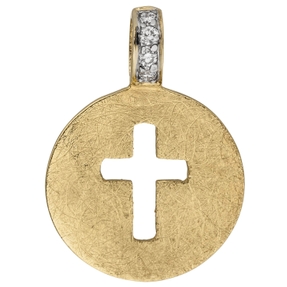 Anhänger Kreuz ausgestanzt im Kreis 585 Gold Gelbgold eismatt 4 Brillanten Anhänger Kreuz ausgestanzt im Kreis 585 Gold Gelbgold eismatt 4 Brillanten