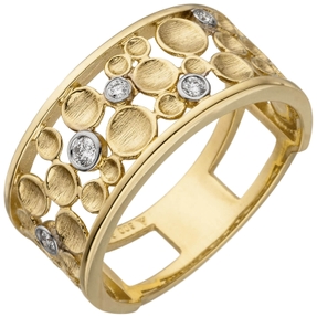 Breiter Ring 5 Brillanten 585 Gold Gelbgold kantig flach bicolor Tropfen-Muster Breiter Ring 5 Brillanten 585 Gold Gelbgold kantig flach bicolor Tropfen-Muster