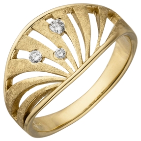 Ring aus 585 Gold Gelbgold teil-eismatt 3 Brillanten 0,10 Ct. Bogen-Muster Damen