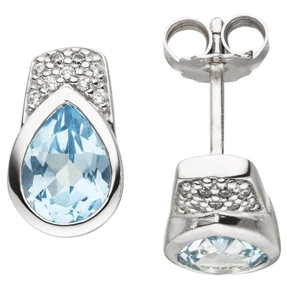 Ohrstecker mit Blautopas Tropfen blau hellblau & 18 Zirkonia 925 Silber Ohrringe