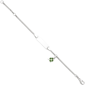 Kinder Armband Schildband aus 925 Silber mit Kleeblatt grüne Lackeinlage 14cm