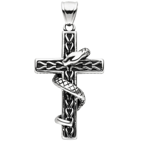 Anhänger Kreuz 46,5x27,5mm mit Schlange aus Edelstahl geschwärzt Unisex