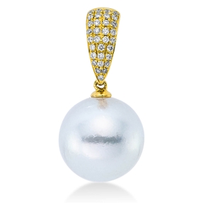 Anhänger aus 750 Gelbgold Südsee-Perle 12mm weiß 32 Brillanten 0,16ct W-SI Anhänger aus 750 Gelbgold Südsee-Perle 12mm weiß 32 Brillanten 0,16ct W-SI