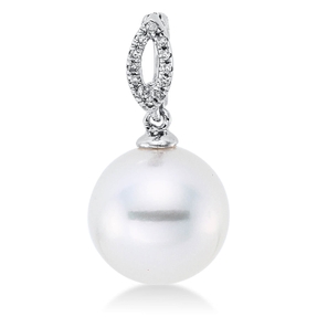 Anhänger 750 Weißgold Südsee-Perle 10mm weiß 12 Brillanten 0,03ct W-SI 19x3,1mm Anhänger 750 Weißgold Südsee-Perle 10mm weiß 12 Brillanten 0,03ct W-SI 19x3,1mm
