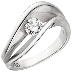 Solitaire Ring aus 925 Silber mit Zirkonia weiß Fingerring gewellt rhodiniert