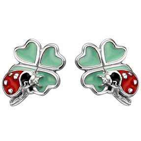 Kinder Ohrstecker Marienkäfer auf Kleeblatt 925 Silber Glückszeichen Ohrschmuck