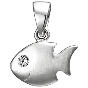Kinder Anhänger Fisch aus 925 Silber mattiert mit weißem Zirkonia Halsschmuck