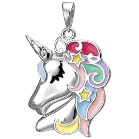 Kinder Anhänger Einhorn aus 925 Silber Zirkonia bunte Lackeinlagen Halsschmuck