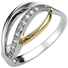 Damen Ring aus 925 Silber bicolor vergoldet mit 9 Zirkonia Silberring Fingerring
