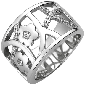 Breiter Ring aus 925 Silber 25 Zirkonia Silberring Muster mit Blumen rhodiniert Breiter Ring aus 925 Silber 25 Zirkonia Silberring Muster mit Blumen rhodiniert