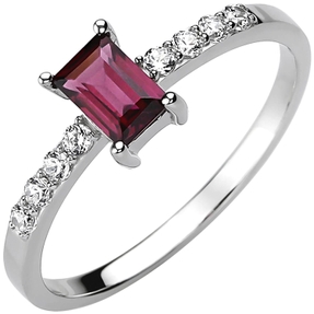 Damen Ring aus 925 Silber Rhodolith rot in Smaragdschliff & 8 weißen Zirkonia