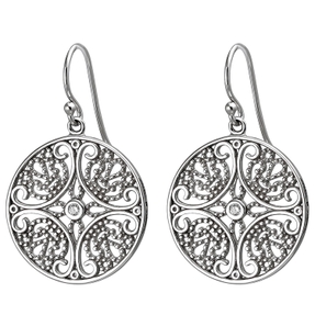 Ohrhänger aus 925 Silber mit 2 weißen Zirkonia Ohrringe rund mit Ornament Ohrhänger aus 925 Silber mit 2 weißen Zirkonia Ohrringe rund mit Ornament