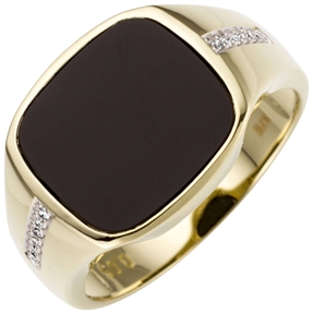 Herren Ring aus 585 Gold Gelbgold mit 12 Brillanten & Onyx schwarz flach Herren Ring aus 585 Gold Gelbgold mit 12 Brillanten & Onyx schwarz flach