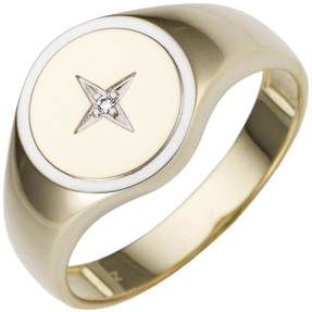 Herren Ring aus 585 Gold Gelbgold bicolor mit Diamant Brillant flach rund Herren Ring aus 585 Gold Gelbgold bicolor mit Diamant Brillant flach rund