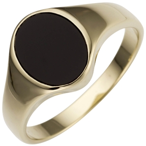 Ring aus 585 Gold Gelbgold mit Onyx schwarz oval flach Goldring Unisex Ring aus 585 Gold Gelbgold mit Onyx schwarz oval flach Goldring Unisex