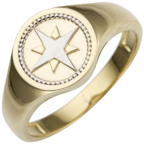 Ring aus 585 Gold Gelbgold bicolor mit Windrose Kompass rund flach Goldring Ring aus 585 Gold Gelbgold bicolor mit Windrose Kompass rund flach Goldring