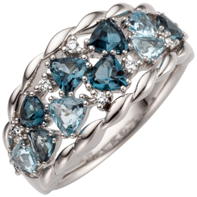 Ring 585 Weißgold 10 Blautopase hellblau blau & 8 Diamanten