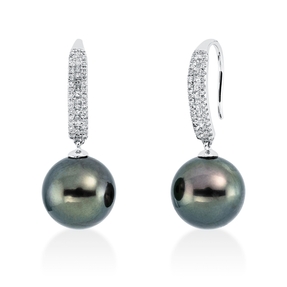 Ohrhänger aus 750 Weißgold 2 Tahiti-Perlen 11mm grün 92 Diamanten 0,36ct