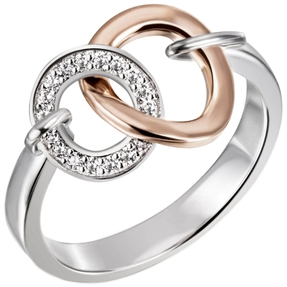 Ring aus 925 Silber bicolor vergoldet mit 18 Zirkonia, zwei verbundene Ringe Ring aus 925 Silber bicolor vergoldet mit 18 Zirkonia, zwei verbundene Ringe