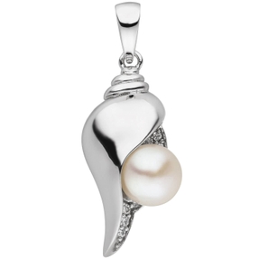 Anhänger Muschel aus 925 Silber mit Süßwasser Perle und 6 Zirkonia Halsschmuck