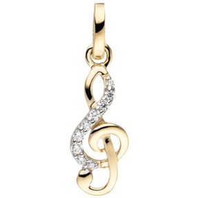 Anhänger Notenschlüssel aus 333 Gold Gelbgold mit 9 Zirkonia Halsschmuck Musik