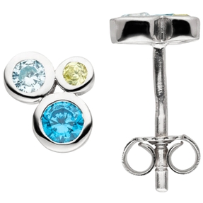 Ohrstecker aus 925 Silber mit 6 Zirkonia blau grün multicolor Ohrringe Ohrschmuck