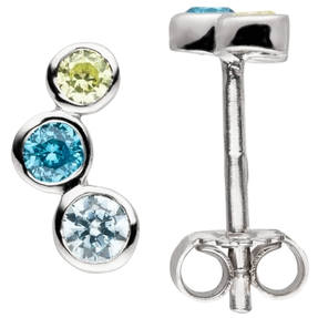 Ohrstecker aus 925 Silber mit 6 Zirkonia blau grün Ohrringe Ohrschmuck multicolor