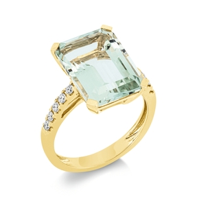 Ring aus 750 Gelbgold Amethyst 6,8ct grün 10 Brillanten 0,23ct TW-SI B:12,3mm