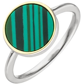 Ring aus 925 Silber bicolor vergoldet mit synthetischem Malachit grün
