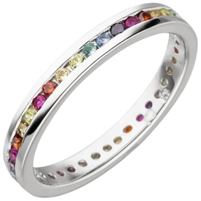 Memory Ring aus 925 Silber rhodiniert mit bunten Zirkonia multicolor rundum
