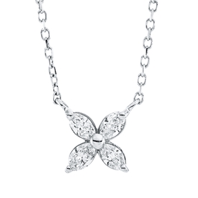 Collier Blume aus 750 Weißgold 4 Diamanten Navette-Schliff 0,2ct TW-SI L:45cm