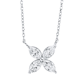 Collier Blume aus 750 Weißgold 4 Diamanten Navette-Schliff 0,64ct TW-SI L:45cm