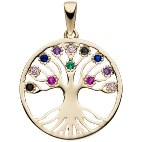 Anhänger Lebensbaum aus 333 Gold Gelbgold Ø17,1mm 12 Zirkonia bunt multicolor
