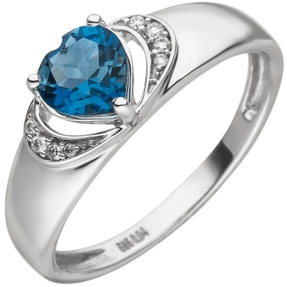 Ring aus 585 Gold Weißgold mit Herz aus Topas Blautopas 8 Diamanten Brillanten