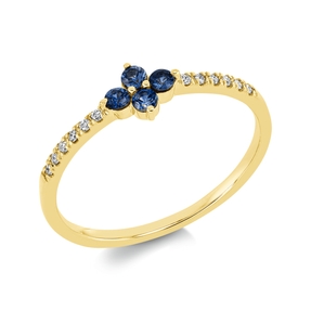 Ring Blume 750 Gelbgold 4 Saphire 0,17ct blau 12 Brillanten 0,06ct TW-SI B:5,3mm
