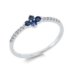 Ring Blume 750 Weißgold 4 Saphire 0,17ct blau 12 Brillanten 0,06ct TW-SI B:5,3mm